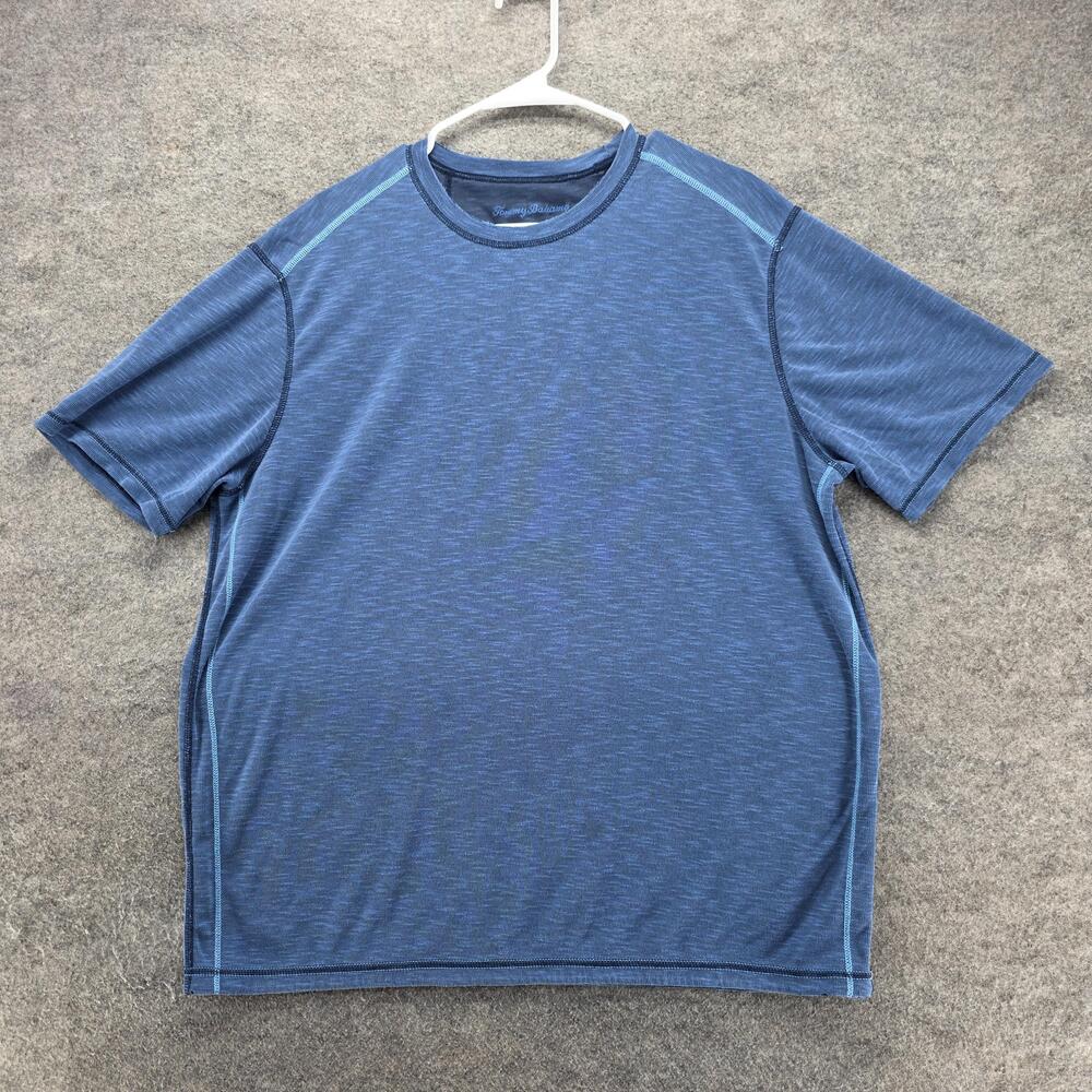 Tommy Bahama Shirt Mens 2XL Blue Short Sleeve Crewneck Tagless Logo Polyester